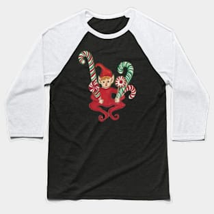 Candy Cane Sitting Elf Baseball T-Shirt